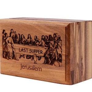 Gravierte Olivenholz Schmuckschatulle, für Rosenkränze, Andenken und Schmuckstücke, Taufe und Taufe, letztes Abendmahl Jerusalem, christliches Thema