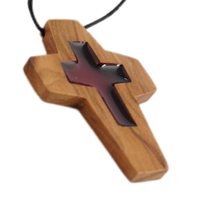 Handmade Carved Olive Wood Cross w/ Red Glass Necklace Pendant Holy Land 2&quot;/6cm Necklace Men Women Jesus Bethlehem Jerusalem Jewelry Car