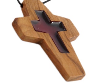 Handmade Carved Olive Wood Cross w/ Red Glass Necklace Pendant Holy Land 2&quot;/6cm Necklace Men Women Jesus Bethlehem Jerusalem Jewelry Car