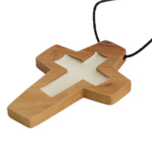 Handmade Carved Olive Wood Cross w/ White Centre Necklace Pendant Holy Land 2&quot;/6cm Necklace Men Women Jesus Bethlehem Jerusalem Jewelry Car