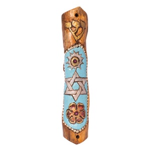 Classic carved wooden mezuzah hand made & painted star of david jewish decor 9&quot;