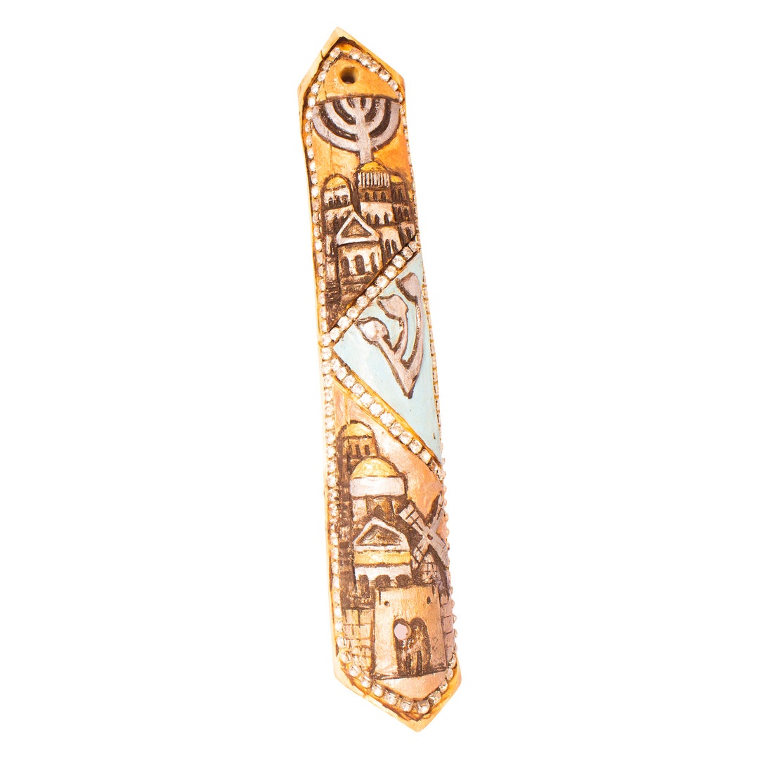 Classic Carved Wooden Mezuzah Hand Made & Painted Jerusalem Jewish