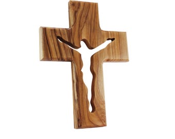 Handmade Olive Wood Wall Cross w/ Jesus Crucifix Silhouette Blessed Christian Souvenir Gift Decor Ornament from Holy Land for Home 16cm/6.3&quot;