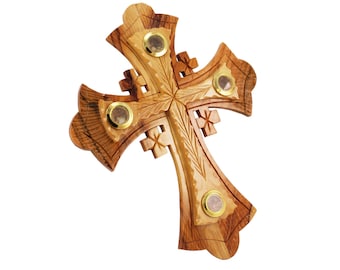 Handmade Olive Wood Hanging Wall Cross w/ 4 Relics- Soil, Stones, Frankincense, & Petals Blessed Christian Gift Home Decor Ornament 21cm/8&quot;