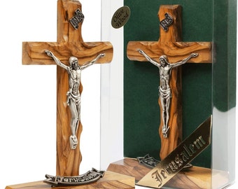 Carved Olive Wood Cross, Cathollic Crucifix on Stand, Made in Bethlehem, Gift From Holy Land, Olive Tree Prayer Cross, Jesus INRI