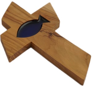 Small Olive Wood Cross w/ Fish Glass Wall Decor Ornament Bethlehem Christian Gift Jesus Peace Comfort Holding Cross Confirmation Communion