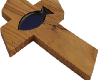 Olive Wood Comfort Cross with Glass Fish, Bethlehem Christian Gift
