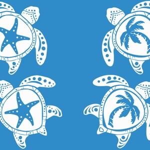 May include: Four white silhouette sea turtles on a blue background. Two turtles have a starfish inside their shell and two turtles have a palm tree inside their shell.