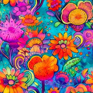 Könnte beinhalten: Ein lebendiges, farbenfrohes, abstraktes Blumenmuster mit psychedelischem Flair. Das Design zeigt eine Vielzahl von Blumen in Pink-, Orange-, Gelb- und Blautönen mit wirbelnden Linien und Punkten.