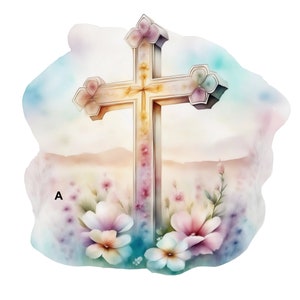 Pode incluir: Uma cruz branca com uma borda dourada fica em um campo de flores pastel. A cruz é cercada por um fundo suave, como uma aquarela.