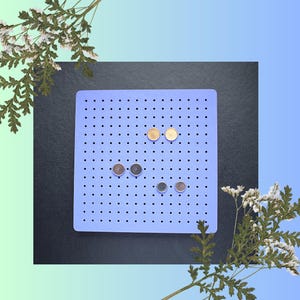 Puede incluir: Un tablero de clavijas morado con seis pendientes redondos, planos y metálicos. Los pendientes son de diferentes colores, incluyendo oro, plata y negro.