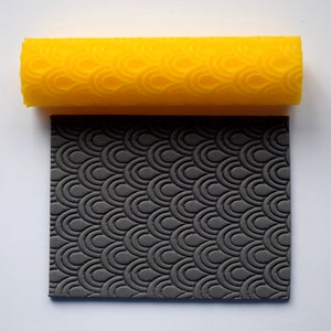 May include: A yellow silicone rolling pin with a repeating pattern of overlapping circles. The rolling pin is laying on top of a grey silicone mat with the same pattern.