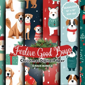 Seamless Christmas Digital Paper, Christmas Dogs Pattern Bundle, Winter Holiday Backgrounds, Dog Scrapbook Paper,  Dog Lovers PNG, Dog Gifts
