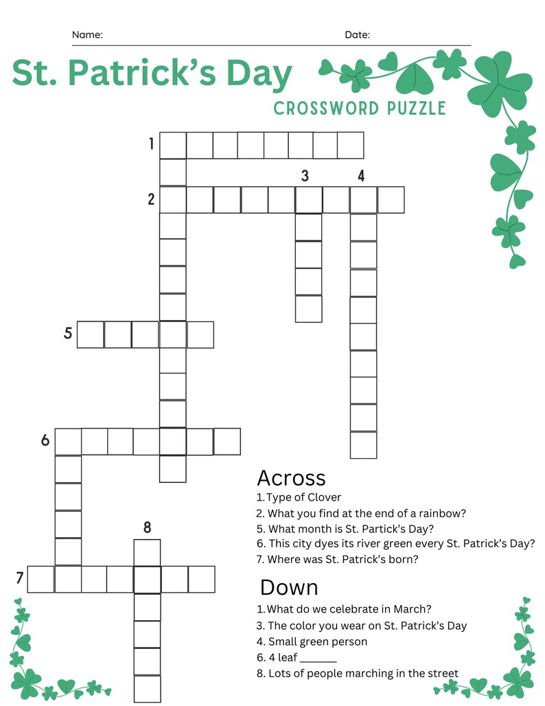 Printable St. Patrick's Day Worksheets for Kids, Crossword Puzzle, Word