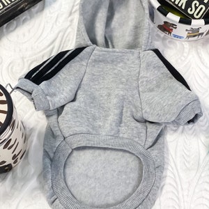 K&ouml;nnte beinhalten: Ein grauer Kapuzenpullover mit schwarzen Streifen an den &Auml;rmeln. Der Pullover ist f&uuml;r einen Hund konzipiert und hat ein Loch f&uuml;r den Schwanz.