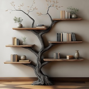 Natural Handmade Wooden Branch Bookshelf Fits Any Space, Luxury Black Painted Tree Bookshelf, Artisan Home Decor Gift