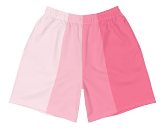 May include: Pink, light pink and white striped athletic shorts. The shorts have a drawstring waistband.