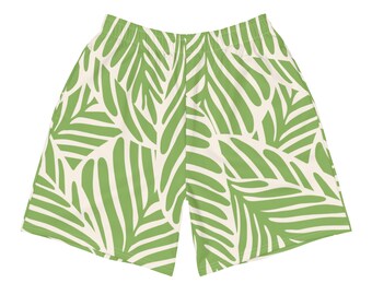 May include: Green and white patterned athletic shorts with a tropical leaf design.
