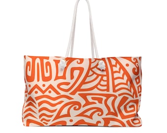 Orange Tribal Pattern Weekender Bag,  Boho Beach Tote, Oversized  Market Tote