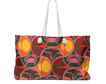 Peach Crab Pattern Weekender Bag | Tropical Fruit Floral Tote