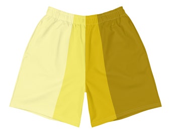 May include: Yellow, gold, and light yellow striped men's swimming trunks. The shorts have a drawstring waist and a relaxed fit.