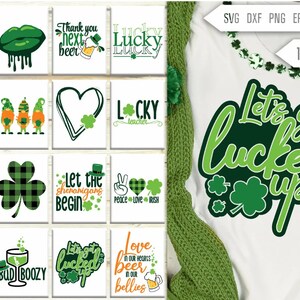 Op de afbeelding: Een verzameling ontwerpen met het thema St. Patrick's Day. De ontwerpen bevatten zinnen als "Let's get lucked up" en "Happy Go Lucky", samen met klavers en bierpullen. De afbeelding bevat ook bestandstype-opties.