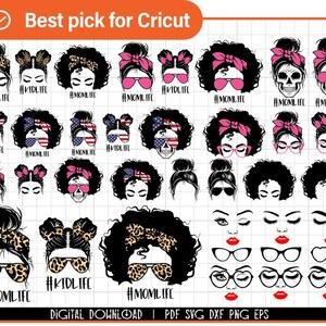 Puede incluir: Descarga digital con varios diseños de rostros femeninos con moños, diademas y gafas de sol. Algunos diseños incluyen el texto "#MOMlife" y "#KIDlife". La imagen está etiquetada como "Best pick for Cricut" e incluye información sobre el tipo de archivo.