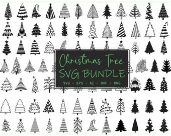 Könnte beinhalten: Eine Sammlung von schwarz-weißen Weihnachtsbaumdesigns in verschiedenen Stilen. Das Bild enthält eine Vielzahl von Baumformen, von einfachen Umrissen bis hin zu detaillierten Mustern. Der Text auf dem Bild lautet "Christmas Tree SVG BUNDLE".