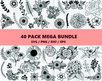 花の svg バンドル、フラワーアレンジメント svg、花の svg、野生の花 svg、花のボーダー svg、花束 svg、花のボーダー svg、花 png