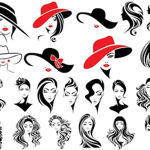 バンドル女性 SVG、帽子 SVG、まつげ SVG、まつげ SVG、頭、顔、女性、髪、ファッション、Cricut 用、シルエット用、カット ファイル、Png、Dxf