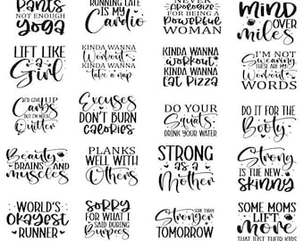 Könnte beinhalten: Eine Sammlung von Fitness-Themen-SVG-Schnittdateien mit motivierenden Zitaten in schwarzer Schrift. Sätze wie "Yoga", "Cardio", "Lift Like a Girl" und "Do It For The Booty". Das Bundle enthält SVG-, PNG-, EPS- und DXF-Dateiformate.