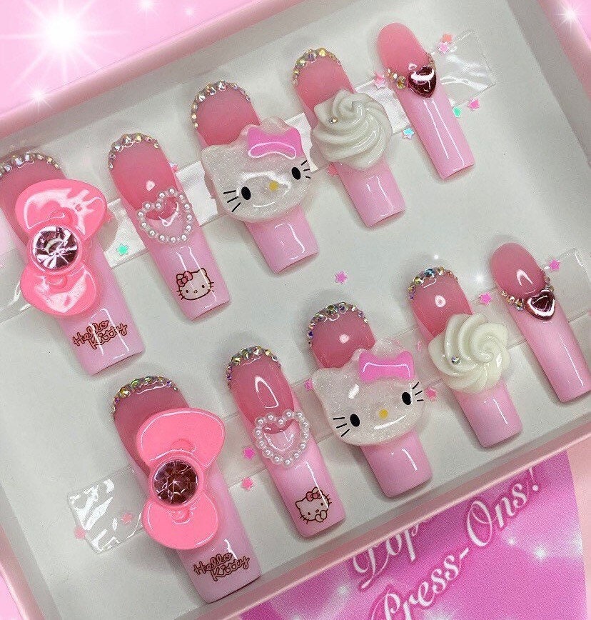 Jewelry & Beauty Nail Art Hello Kitty Nails Hand Painted Round Short