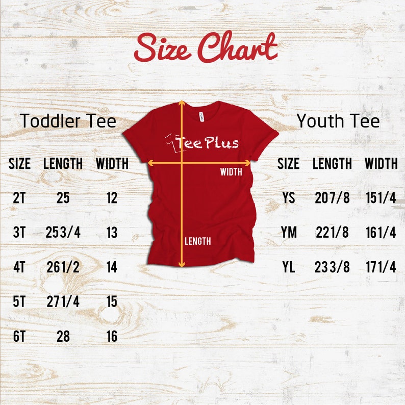 Peut inclure: Tableau des tailles pour les t-shirts pour tout-petits et les t-shirts pour jeunes. Le tableau indique la taille, la longueur et la largeur en pouces pour chaque taille. Le tableau est intitul&eacute; "Toddler Tee" et "Youth Tee".