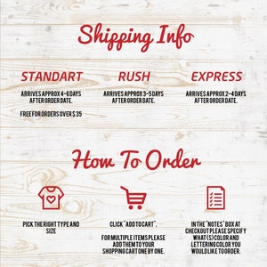 May include: Image with text about shipping information and how to order. The text includes options for standard, rush, and express shipping, with estimated delivery times. Instructions on how to order include selecting size, adding to cart, and specifying color and lettering.