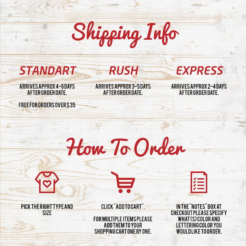 May include: Image with text about shipping information and how to order. The text includes options for standard, rush, and express shipping, with estimated delivery times. Instructions on how to order include selecting size, adding to cart, and specifying color and lettering.
