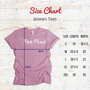 May include: A pink t-shirt with the text "Tee Plus" and a size chart for women's tees. The chart shows sizes S to 2XL with length and width measurements in inches. The text "Size Chart" is in red.