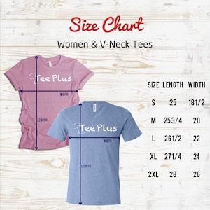 Peut inclure: Tableau des tailles pour les t-shirts pour femmes et &agrave; col en V. Le tableau indique les mesures de longueur et de largeur en pouces pour les tailles S, M, L, XL et 2XL.