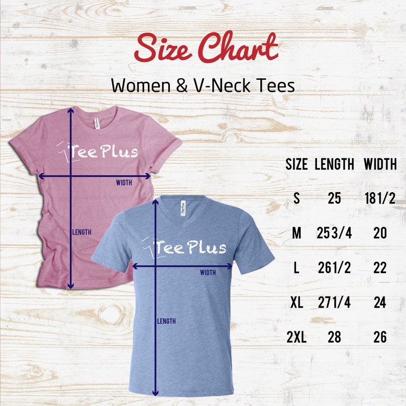 Peut inclure: Tableau des tailles pour les t-shirts pour femmes et &agrave; col en V. Le tableau indique les mesures de longueur et de largeur en pouces pour les tailles S, M, L, XL et 2XL.