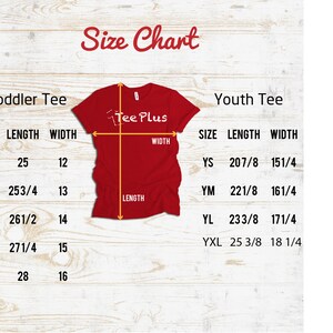 May include: A red t-shirt with the text "Tee Plus" and a size chart for toddler and youth tees. The chart shows length and width measurements in inches for various sizes, including 2T, 3T, 4T, 5T, 6T, YS, YM, YL, and YXL.