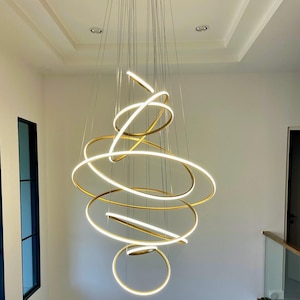 Contemporary LED Swirl 9-Ring Chandelier Pendant Light for High Ceiling Foyers and Entryways