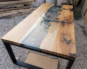 Hars, Live Edge Hout, Glas, River Table Live Edge Glass River Eettafel, Eiken, Walnoot, Live Edge Glass River Table, Glazen River Table