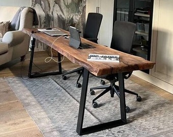 Live Edge Walnut Office Desk: Solid Wood Slab, Modern Steel Legs