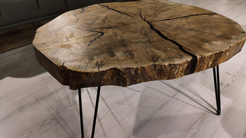 Round Coffee Table, Live Edge Slab - Natural Grain | Metal Legs | 36 In | Handcrafted image 10