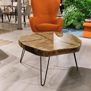Round Coffee Table, Live Edge Slab - Natural Grain | Metal Legs | 36 In | Handcrafted image 2