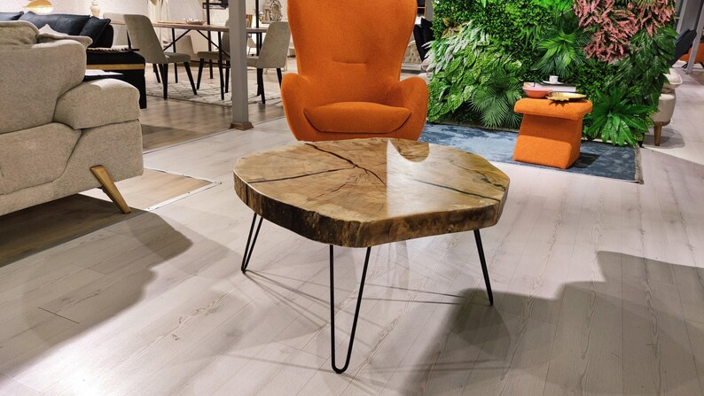 Round Coffee Table, Live Edge Slab - Natural Grain | Metal Legs | 36 In | Handcrafted image 2