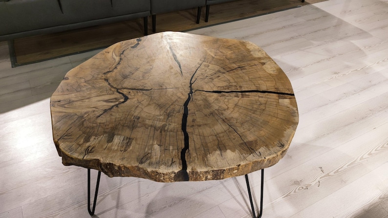 Round Coffee Table, Live Edge Slab - Natural Grain | Metal Legs | 36 In | Handcrafted image 9