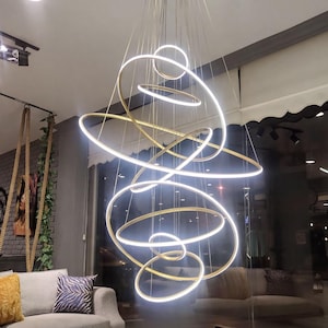 Foyer Chandelier, LED Swirl Rings | Stainless Steel | 79In Contemporary Pendant Light Fixture