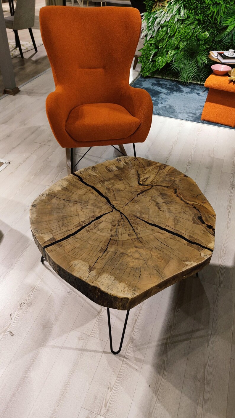 Round Coffee Table, Live Edge Slab - Natural Grain | Metal Legs | 36 In | Handcrafted image 5