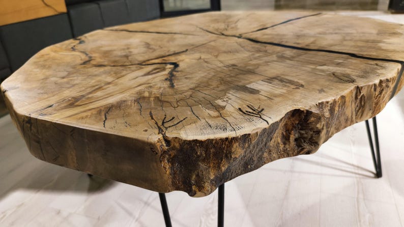 Round Coffee Table, Live Edge Slab - Natural Grain | Metal Legs | 36 In | Handcrafted image 7