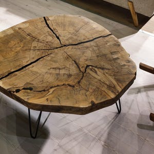 Round Coffee Table, Live Edge Slab - Natural Grain | Metal Legs | 36 In | Handcrafted image 4